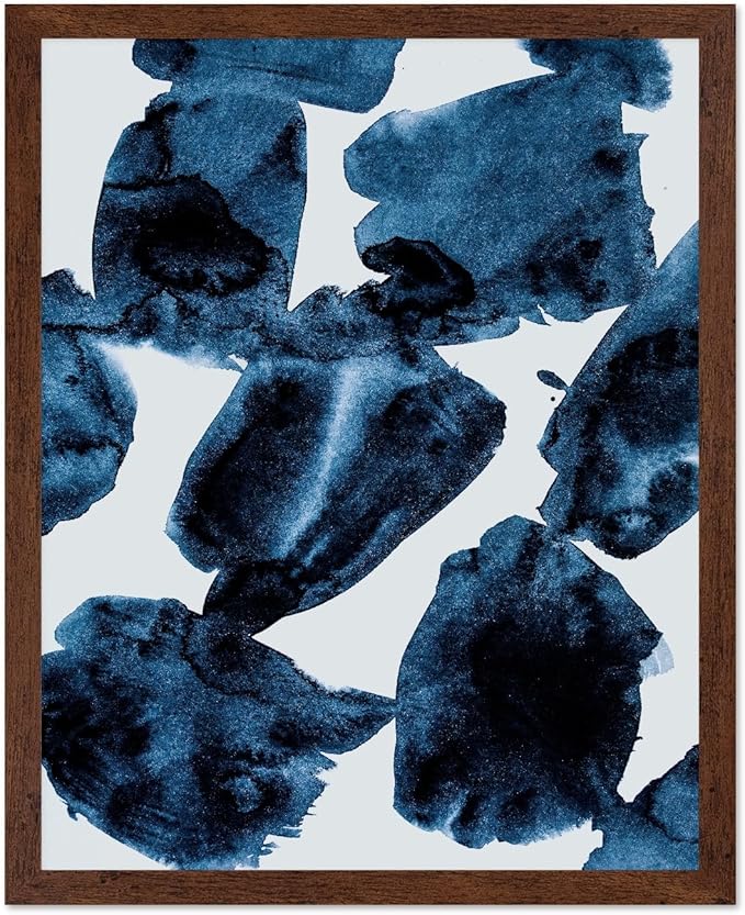 Monem Art Blue Abstract Watercolor Texture Print - Minimalist Modern Art Poster - Wall Decor for Living Room, Bedroom or Office - 12x16 Brown Framed Wall Art by Mareike Bohmer