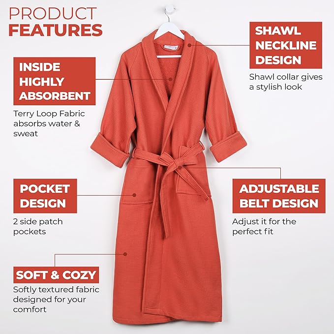 Superior Waffle Weave Cotton Unisex Bathrobe with Belt, Soft and Absorbent Robe for Men and Women Bath Essentials Robes