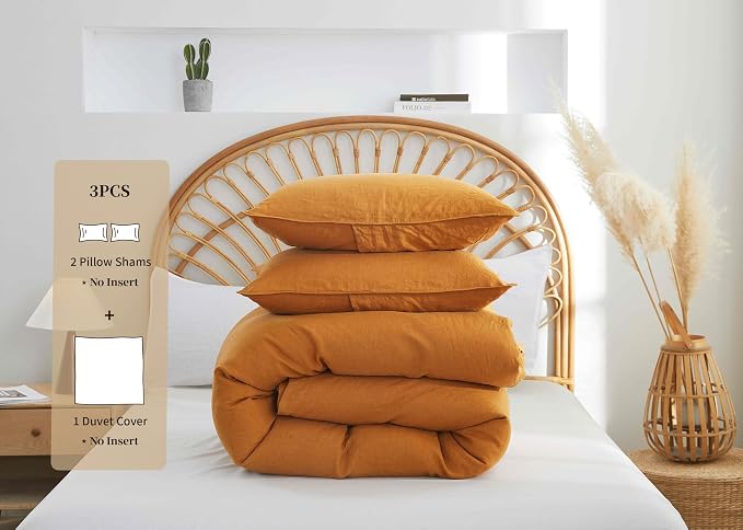 100% French Flax Linen Duvet Cover Set, King Size 104''x90'' 3 Pcs with 8 Corner Ties and Button Closure, Soft and Breathable for All Season(Rust, King)