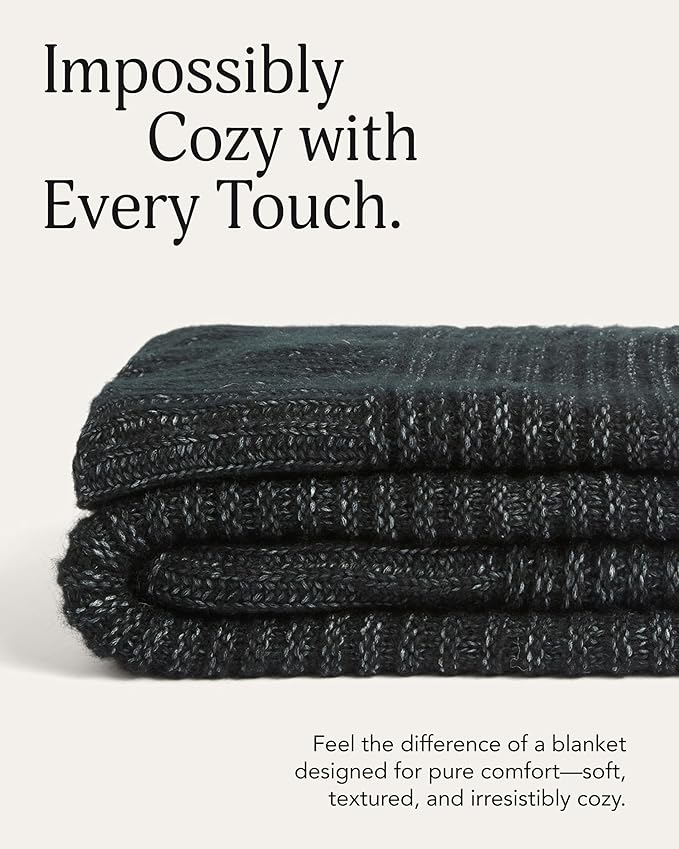 UnHide Melange Knit Blanket - 60" x 80" Textured & Ultra-Soft Wool Throw - Timeless & Breathable Knitted Blanket for Bedroom & Living Room - Night Owl