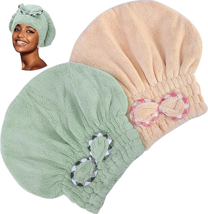 Microfiber Hair Drying Towel, 2 Pcs Fast Coral Velvet Absorbent Quick Dry Caps, Soft Towel for Women Wet Long Thick Hair (Khaki+Green)