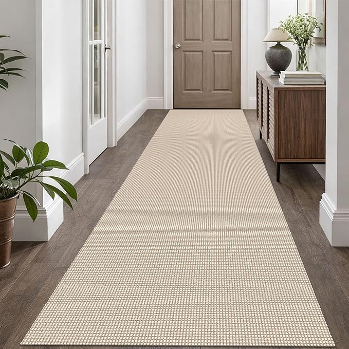 EARTHALL Woven Runner Rug 3x10 Ft Washable Runners for Hallways Long Non Slip Rubber Backed Kitchen Runner Braided Indoor Floor Carpet Runners for Entryway, Hallway, Kitchen, Beige/Ivory
