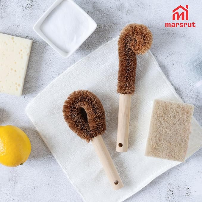 2pcs Coconut Fiber Bottle Brush, Bottle Cleaner Dish Scrubber, Eco Friendly Natural Wooden Cleaning Scrub Bristle Head for Deep Pan Kitchen Dishes Vegetable Washing, Sturdy Handle Holder, Dark Brown