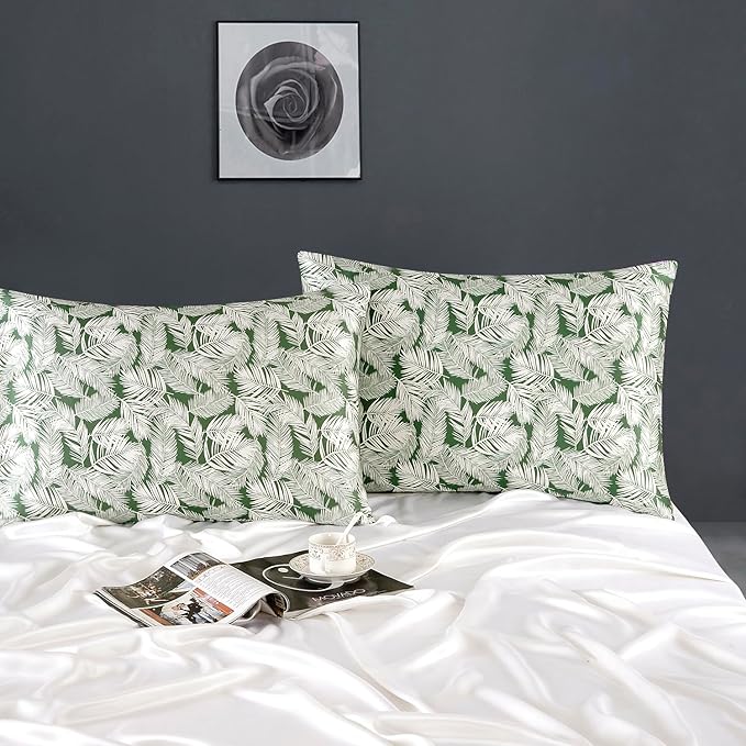 ZIMASILK 100% Pure Mulberry Silk Pillowcase for Hair and Skin Health,Both Sides 19 Momme Silk Floral Print,1pc (King 20''x36'',White Leaves)