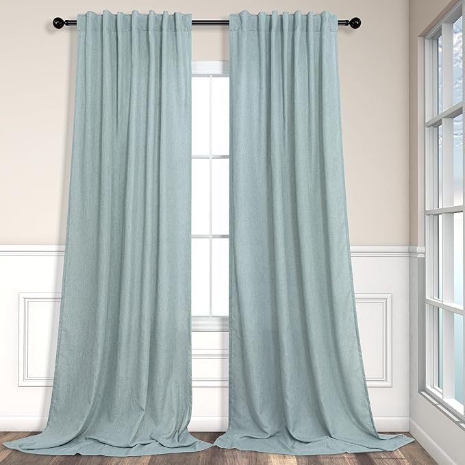 Aqua Curtains 108 Inches Long for Kids Room 2 Panels Set Back Tab Pocket Drapes Light Filtering Semi Sheer Linen Polyester Farmhouse Mint Green Curtain for Living Dining Sliding Seafoam Teal Grey 9 FT