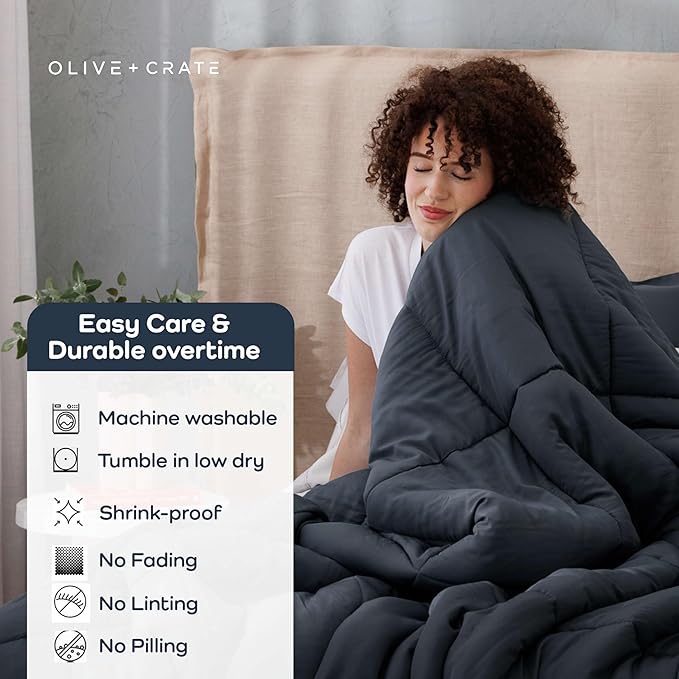 Olive + Crate Cooling Down Alternative Comforter - Hypoallergenic Queen Size Duvet Insert Lightweight - All Seasons Plush Design Bamboo Comforter - 100% Bamboo Viscose Outer Cover - Charcoal 88"x90"