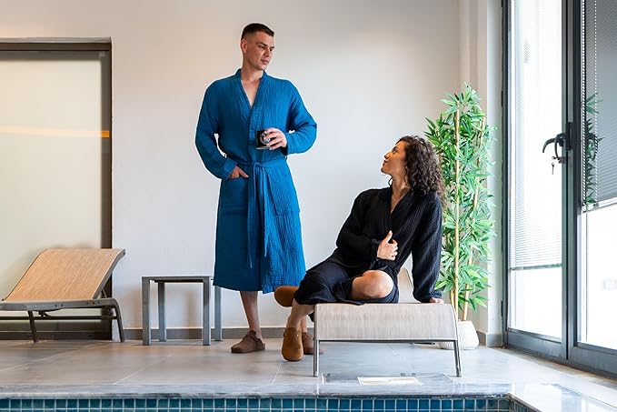 Muslin Unisex Bathrobe Women & Men, 100% Cotton Kimono Lightweight Robe | Long Robes Soft, Absorbent, Spa robes