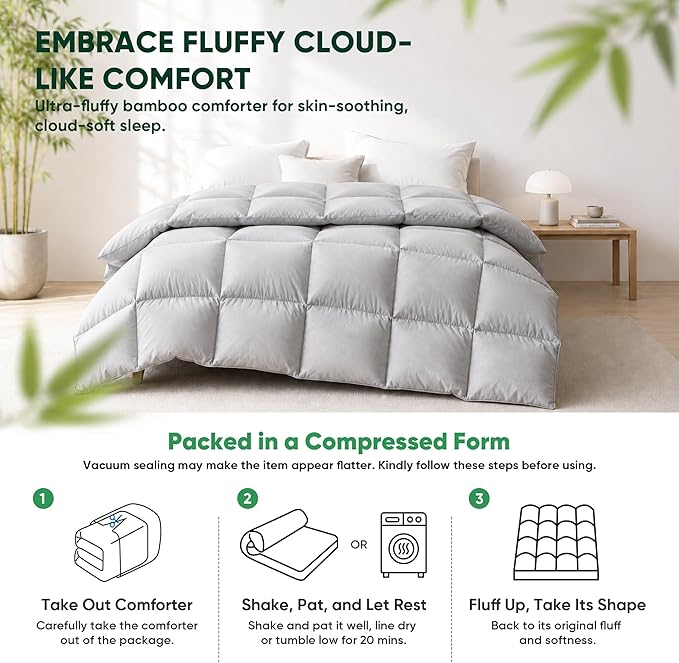 Cooling All-Season Down Alternative Comforter, Silver-Treated Lightweight Duvet Insert, Cool-to-The-Touch Bamboo Comforter, 100% Bamboo Viscose Outer Cover - Gray, Oversized King