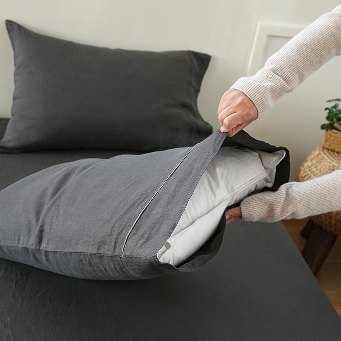 100% French Linen Pillowcases with Embroidery - Pack of 2 - Washed Solid Color Natural Flax Soft Breathable - Dark Grey, 20'' x 30''