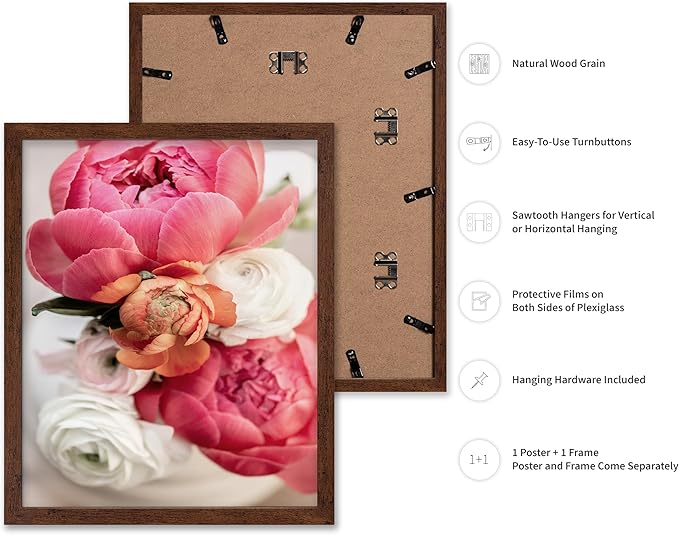 Monem Art Pink Peony Floral Macro Photography Print - Romantic Flower Art Poster - Wall Decor for Living Room, Bedroom or Office - 8x10 Brown Framed Wall Art by Mareike Bohmer
