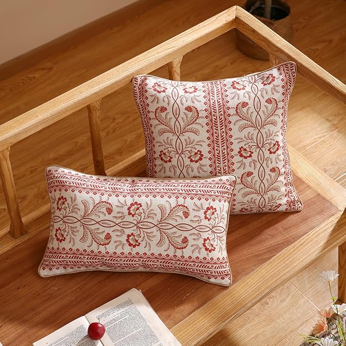 ISAENNE Design Euro Linen Square Throw Pillow Covers 18"x18" Pack of 2, French Country Cushion Covers with Orange Morris Floral Pattern Decoration Pillowcases for Bed, Living Room, Outdoor, Car