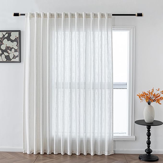 MYSKY HOME Natural Linen White Curtains 84 Inches Long, Semi Sheer Soft Cotton Window Drapes Set for Living Room Back Tab Elegant Cute Look Country Bedroom Curtains, Beige White, 100" x 84", Pack-1
