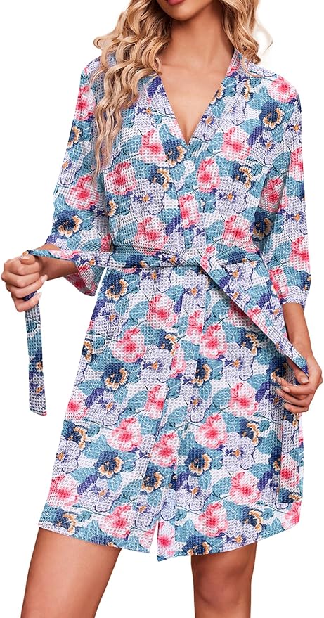 Ekouaer Robes for Women Waffle Knit Bathrobe Soft Lightweight Knee Length Loungewear S-XXL