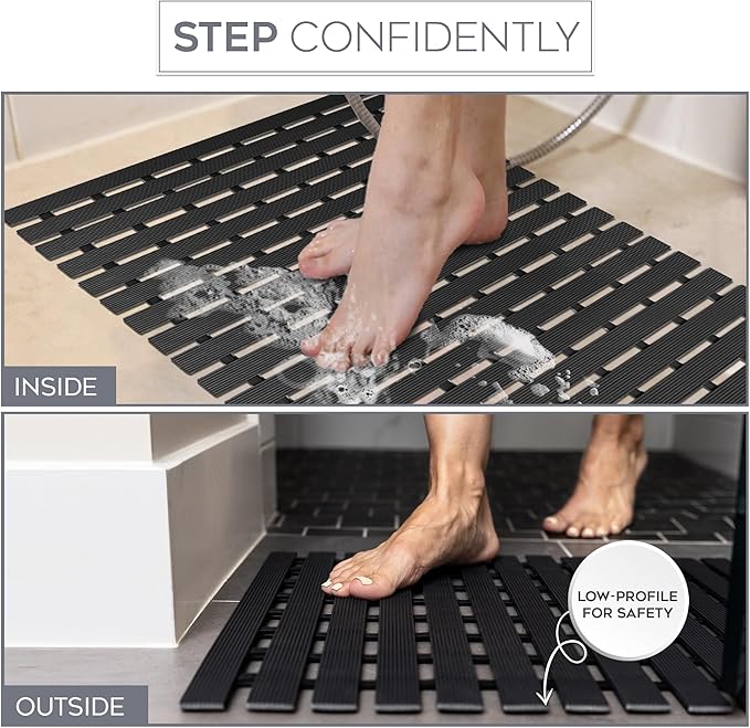 NativeSkins Faux Bamboo Shower Mat (Black), Non-Slip Safety Lining, Waterproof, Quick-Drying, Eco-Style Slatted Bath Mat for Spa, Sauna - Large 16.9 x 30.7 in