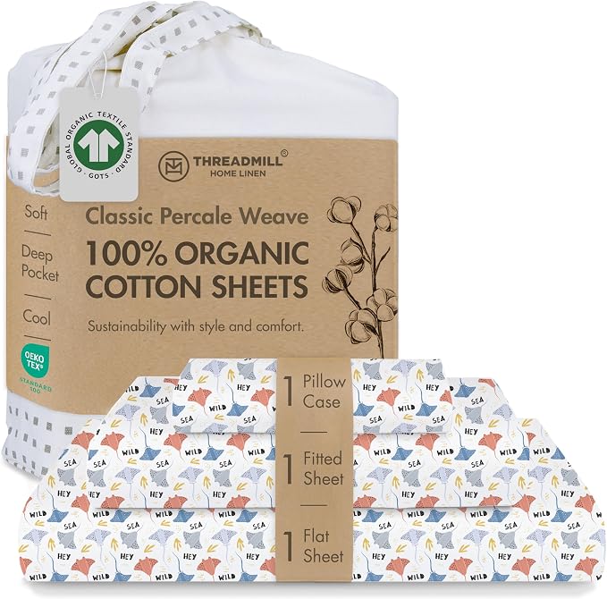 Threadmill Organic Cotton Twin XL Sheets | 100% Cotton Sheets for Twin XL Size Bed | Printed Percale Twin XL Sheets Set with 15” Deep Pocket | Soft Breathable 3-Piece Cooling Sheet Set | Rays
