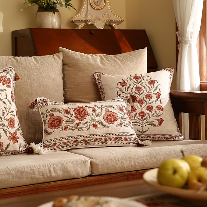 ISAENNE Design Linen Rectangle Vintage Throw Pillow Covers 12"x20" Pack of 2, Brick Red Cushion Covers with Orange Floral Green Leaves Pattern Decor Pillowcases for Bed,Living Room,Outdoor,Car