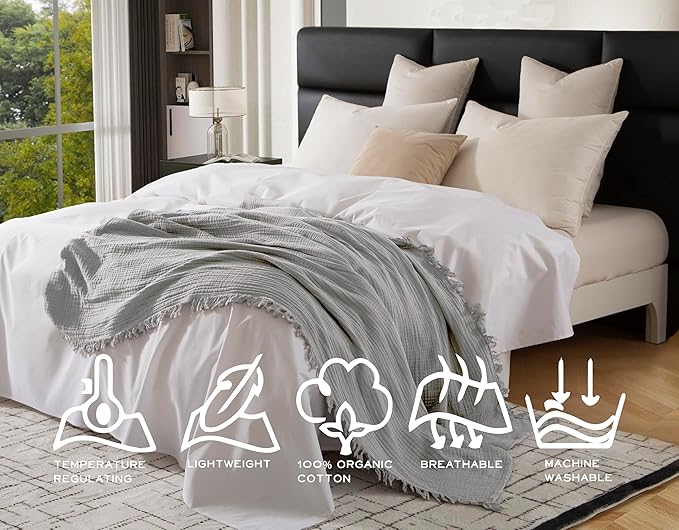 KyraHome Pre-Washed 100% Organic Cotton Blanket 90"x90" Queen Muslin Blankets for Adults, Bed, Plant Dyed, Lightweight Breathable Gauze Summer Bedspread, Coverlet, All Season, Light Grey