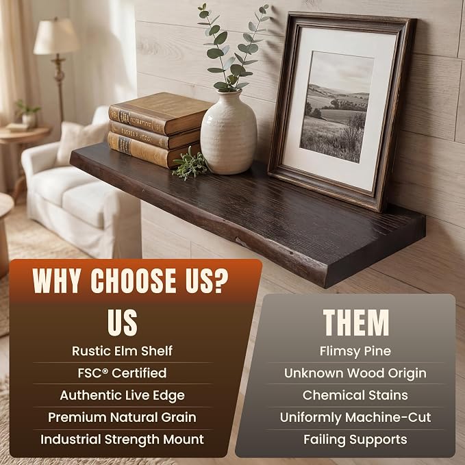 32" Live Edge Floating Shelves, Solid Elm Wood Shelf, Set of 2 | 1.4" Extra Thick, 9.3" Deep Heavy Duty Storage, Brown Finish Solid Elm Floating Shelves for Kitchen & Living Room
