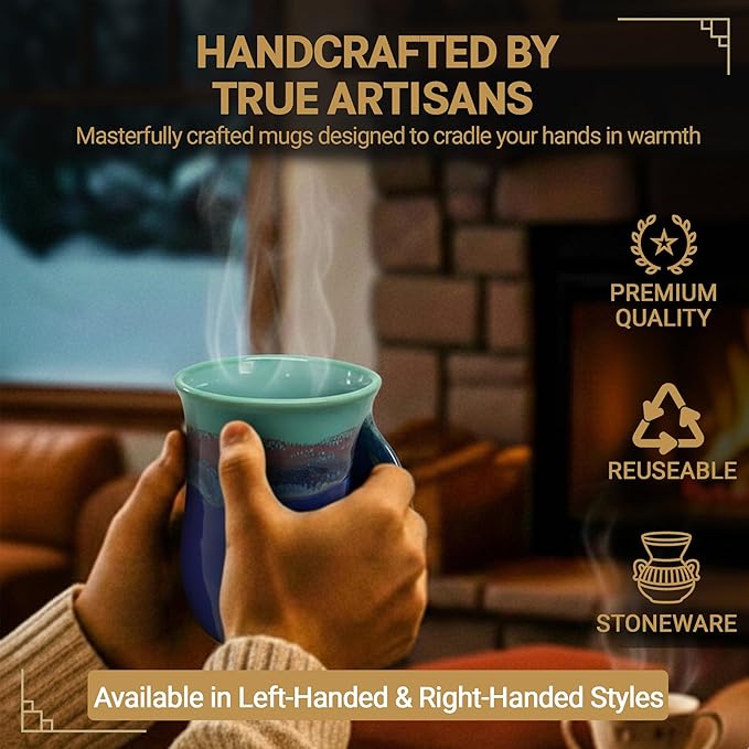 Clay in Motion Hand Warmer Coffee Mug – Handmade Coffee Mug With Comfortable Handle Contoured Pocket Hand Warming Ceramic Coffee Mug – Proudly Made in USA – Right Handed – 14 Oz - Mystic Waters