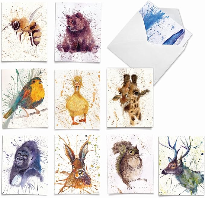 The Best Card Company - Assorted All Occasions Animal Watercolor Blank Greeting Notecard Box Set - Incl. 10 Unique Designs + Envelopes, Thank You, Invitations - Wildlife Splash AM2954OCB-B1x10