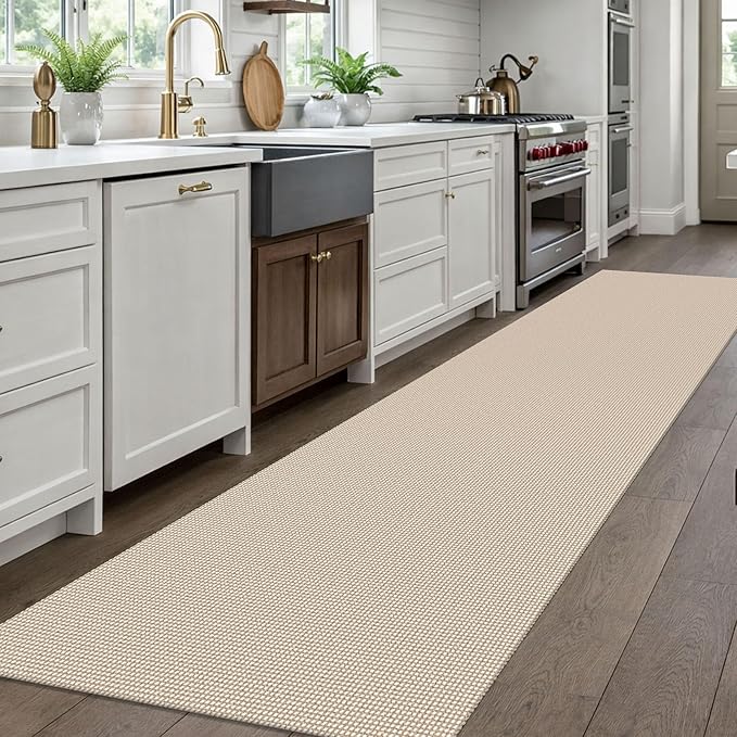 EARTHALL Woven Runner Rug 3x10 Ft Washable Runners for Hallways Long Non Slip Rubber Backed Kitchen Runner Braided Indoor Floor Carpet Runners for Entryway, Hallway, Kitchen, Beige/Ivory