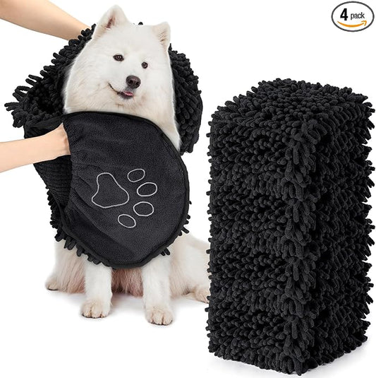 Newwiee 4 Pcs Large Dog Towels for Drying Dogs with Hand Pocket Microfiber Shammy Towel 32 x 14 in Dog Bath Towel Absorbent, Quick Drying, Machine Washable for Pet Puppy Clean Shower Supplies(Black)