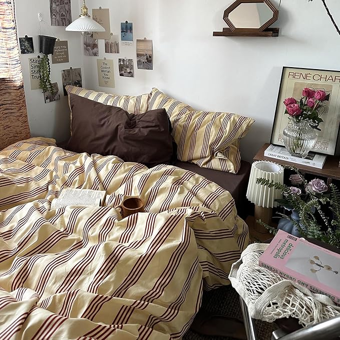 mixinni Retro Striped Duvet Cover Set Full - 100% Natural Cotton 3-Piece Vintage Red Stripes Pattern Printed Bedding Set, Soft Breathable Comforter Cover with Zipper Closure & Corner Ties, Full Size