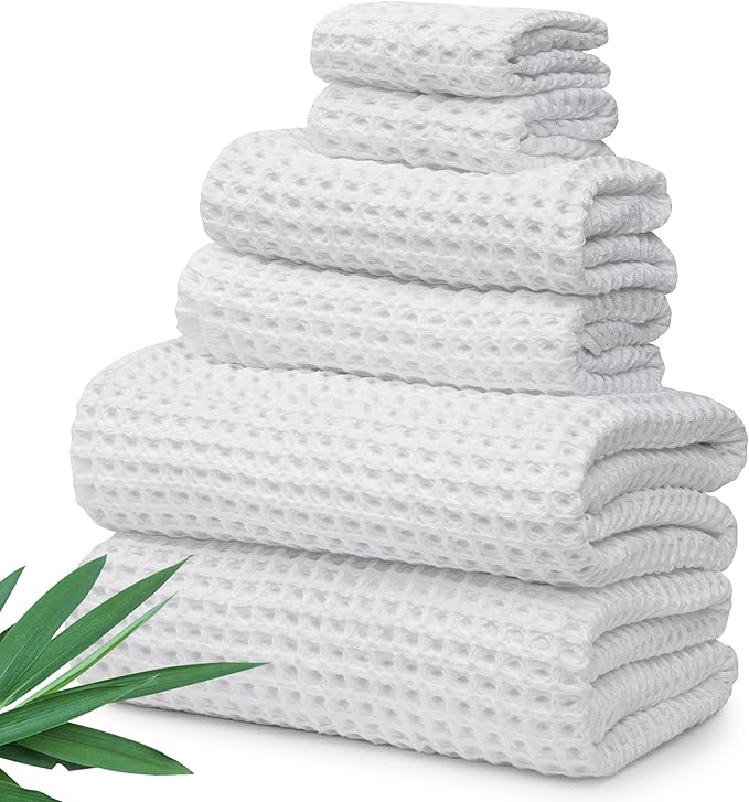 Alusa Home Ultra Soft Viscose from Bamboo Waffle Towels - Lightweight Bath Towel Set of 6 - Compact, Quick Dry & Lint Free (White)