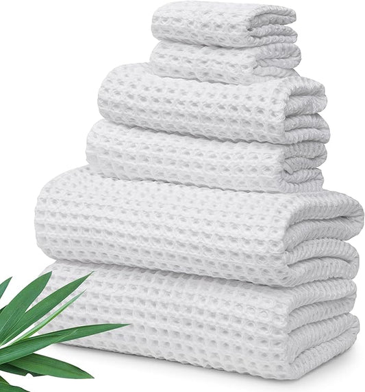 Alusa Home Ultra Soft Viscose from Bamboo Waffle Towels - Lightweight Bath Towel Set of 6 - Compact, Quick Dry & Lint Free (White)