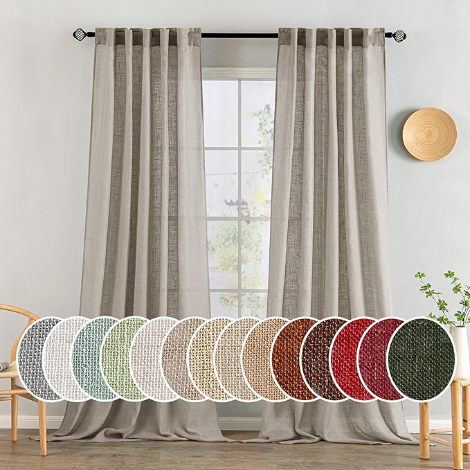 MIULEE Burlywood Birch Linen Curtains 108 Inches Long 2 Panels for Bedroom Living Room, Soft Linen Textured Window Drapes Semi Sheer Light Filtering Back Tab Rod Pocket Farmhouse Burlap Look Decor