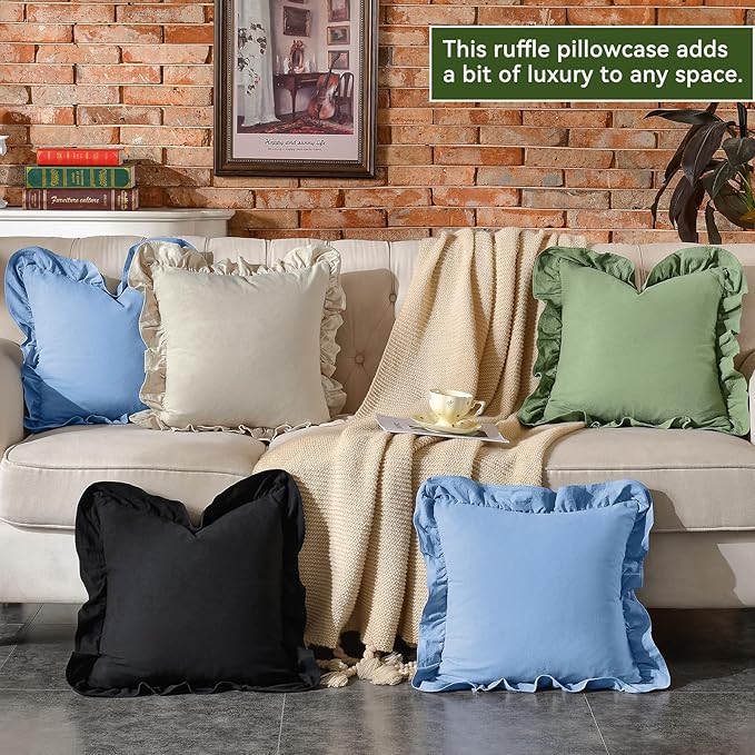AmHoo Pack of 2 Throw Pillow Covers 100% Cotton Pre Washed Ruffle Decorative Pillowcase Cushion for Couch Sofa Bedroom 18 x 18-Inch Beige