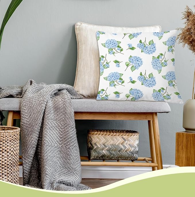 Blue Hydrangea Floral 18x18 Pillow Cover, Farmhouse Cottage Core Hydrangea Flower Botanical Decorative Throw Pillow Cover for Home Bedroom Living Room