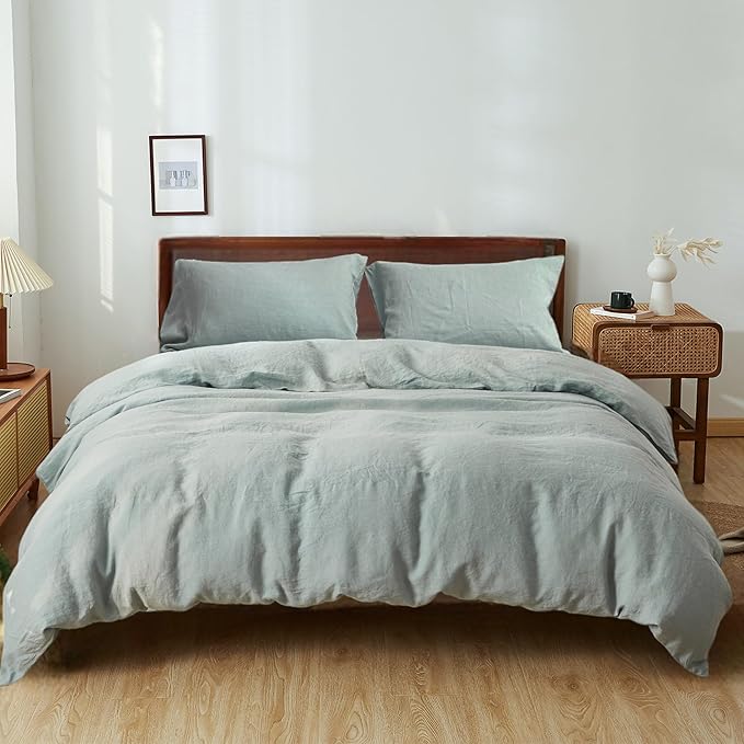100% Linen Duvet Cover Set, 3 PCS Natural French Flax Dusty Blue Duvet Cover Queen Size, Breathable Soft Comfy Linen Bedding Comforter Cover with 2 Pillowcases(Dusty Blue, 88" x 92")