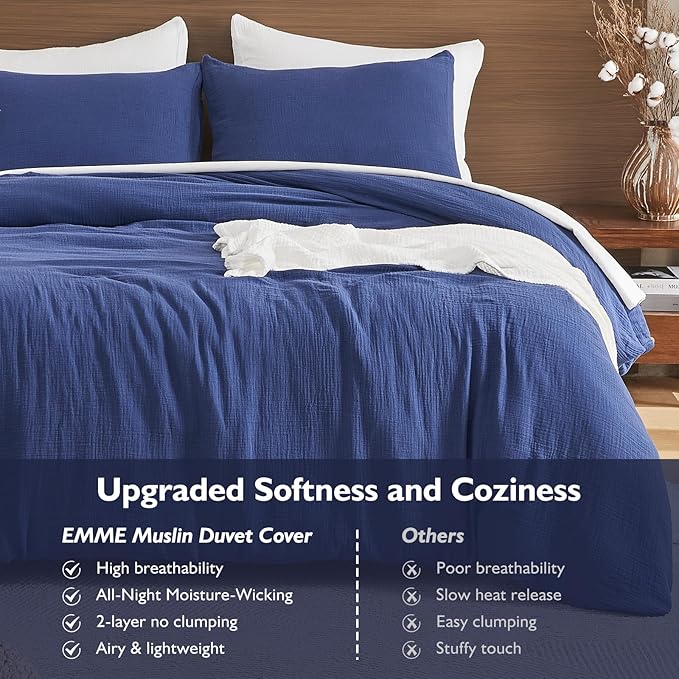 EMME Muslin Cotton Duvet Cover Set Navy Twin Size Linen Like Soft Breathable Lightweight Summer Comforter Cover Set with Zipper Closure (Navy, Twin, 68"x90")