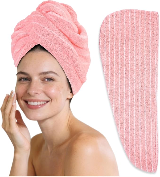 Jacquotha Cotton Hair Towel Wrap for Women (Pink Striped), 1 Pack | Soft Absorbent Quick Dry Hair Drying Towel for Wet Long Curly Hair, Shower Bathroom Spa Travel Pool, 25" x 9.5"