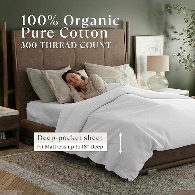 Delilah Home 100% Organic Cotton Duvet Cover, GOTS & Vegan.org Verified, Long Stem 300 TC Sateen Bedding, Non-Synthetic, Deep Pocket Fitted Linen, Lightweight, All-Season, 1 Piece King Size - White