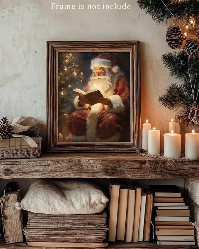 Vodefoad Vintage Christmas Claus Wall Art Santa Claus Reading Book Xmas Oil Canvas Prints Cottagecore Decor Academia Xmas Decor Winter Print for Holiday Christmas Dec - 8x10Inch Unframe