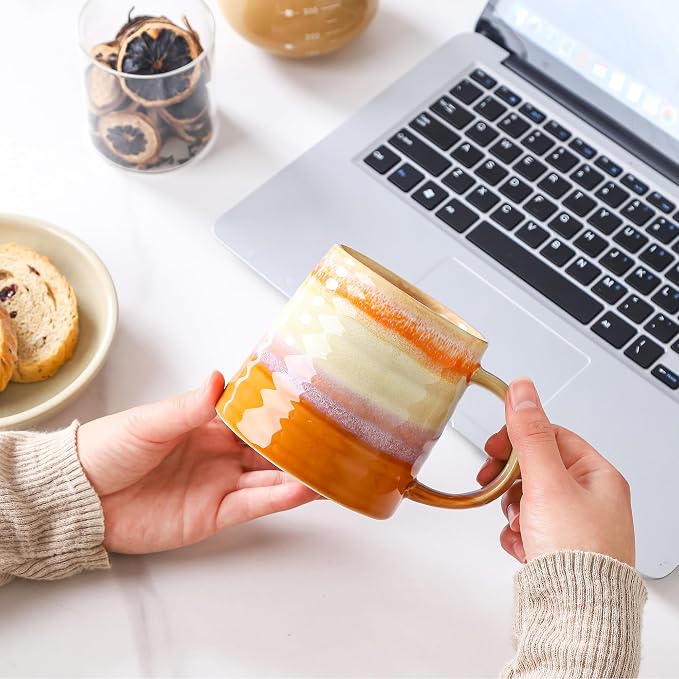 Large Ceramic Coffee Mug, Handmade Pottery Mugs, Tea Cups with Big Handle for Office and Home, 15.5 oz, Dishwasher and Microwave Safe (Orange)