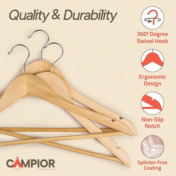 Natural Wooden Hangers 80 Pack – Heavy-Duty with 360° Swivel Hook, Non-Slip, Pants Bar & Shoulder Grooves - Wooden Hangers for Suits, Jackets, Dresses & Camisoles, Space-Saving and Smooth Finish