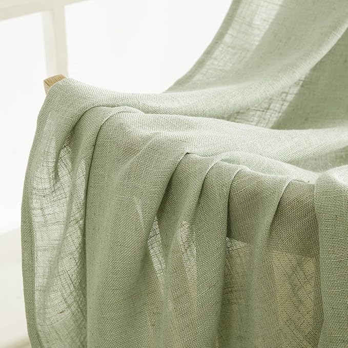 MIULEE Sage Green Linen Curtains 63 Inch Length 2 Panels for Bedroom Living Room, Soft Thick Linen Textured Window Drapes Semi Sheer Light Filtering Back Tab Rod Pocket Burlap Look Decor