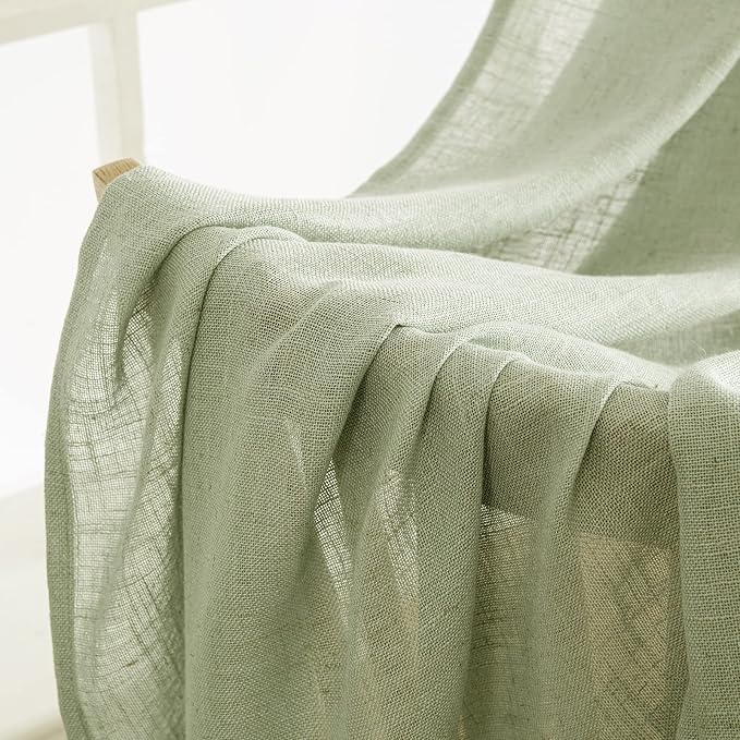 MIULEE Sage Green Linen Curtains 54 Inch Length 2 Panels for Bedroom Living Room, Soft Thick Linen Textured Short Window Drapes Semi Sheer Light Filtering Back Tab Rod Pocket Burlap Look Decor