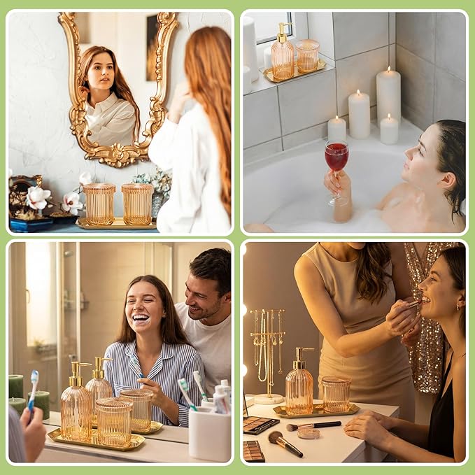 Yaomiao 7 Pack Amber Glass Bathroom Accessories Set, 2 Pcs Cotton Swabs Jar with Lids, 2 Pcs 18 oz Soap Dispenser with Pump and 2 Trays and Labels for Bathroom Kitchen Counter Organizer Vintage Gift