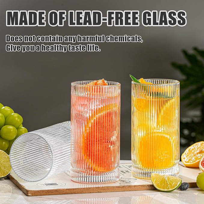 Drinking Glasses, Set of 8 Origami Style Glass Cups-4 Highball Glasses 15oz & 4 Rocks Glasses 12oz, Mojito Cups, Cocktail Glass, Elegant Ripple Vintage Glassware for Cocktail, Beer, Whiskey