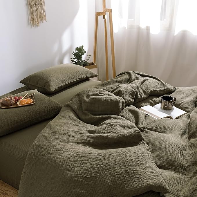 mixinni Olive Green Waffle Weave Duvet Cover Set Queen, 3-Piece 100% Natural Washed Cotton Triple-Layer Gauze Solid Bedding Set, Soft Breathable Minimalist Comforter Cover with Zipper & Ties-Queen