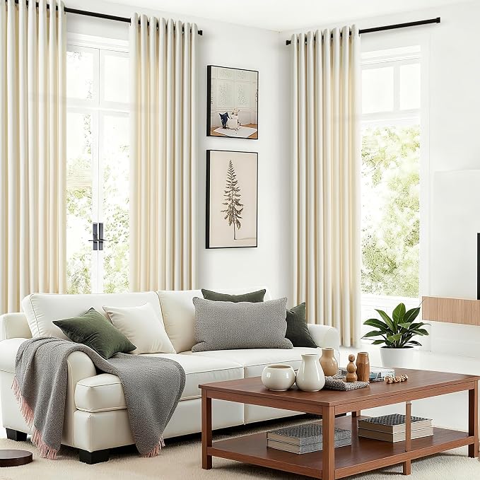 90 Inches Long Linen Curtains 2 Panels Set for Living Room Dining Grommet Semi Sheer Cottagecore Farmhouse Modern Drapery Modern Boho Privacy 90 Inch Length Window Curtain for Bedroom Cream Beige