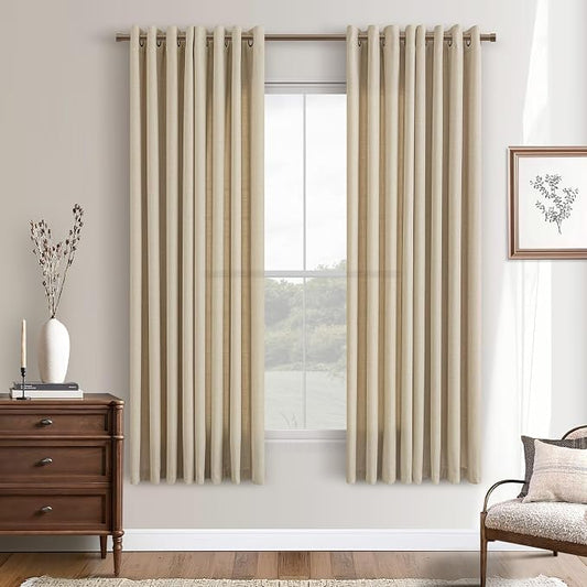 Grommet Linen Curtains 63 Inch Length 2 Panels for Dining Room Light Filtering Flax Linen Drape Neutral Farmhouse Boho Decor Earth Tone Semi Sheer Sand Beige Curtain for Living Room Bedroom Oatmeal