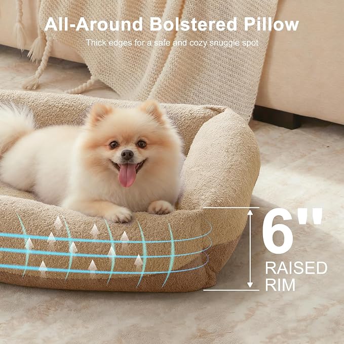 FURTIME Washable Small Dog Bed, Rectangle Comfy Fluffy Kitten Puppy Bed, Removable Zipper Cover Machine Wash, Breathable Orthopedic Bed Durable Pet Cuddler with Anti-Slip Bottom, 20x19x6 in, Beige