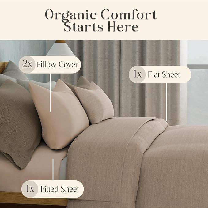 Delilah Home 100% Organic Cotton Queen Flat Sheet Set, GOTS & Vegan.org Verified, Long Stem 300 TC Sateen Bedding, Non-Synthetic, Deep Pocket Fitted Linen, Lightweight, All-Season, 4 Piece Set - Beige