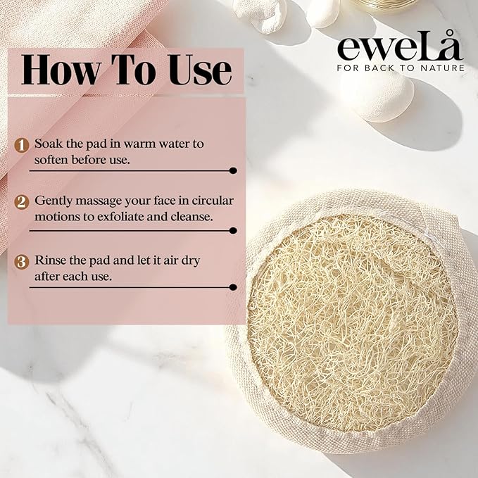 Ewelà Natural Facial Cleansing Pad – 100% Organic Loofah & Cotton Dual-Sided Exfoliating Face Scrubber – Reusable, Biodegradable, Gentle Skin Care Sponge for Daily Deep Pore Cleanse – 8.5cm Round