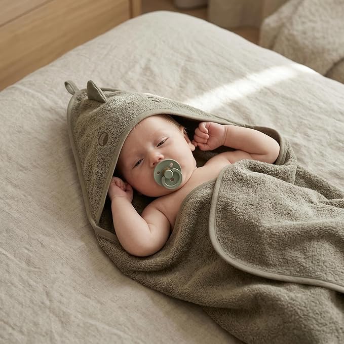 Hooded Baby Towels – 100% Organic Cotton Baby Bath Towels – Baby Boy Newborn Essentials - Super-Soft and Absorbent. (2-Pack Dino Tradewins and Moss Green)
